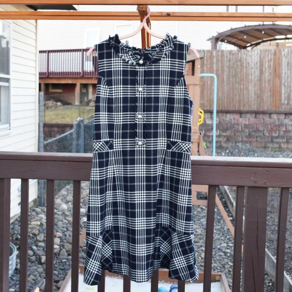 Roem Black Plaid Tweed Sleeveless Dress - Midi Multi Layers Lined - Picture 1 of 7